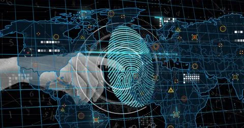 Image of scope scanning and world map over hand and fingerprint on black Stock Photos