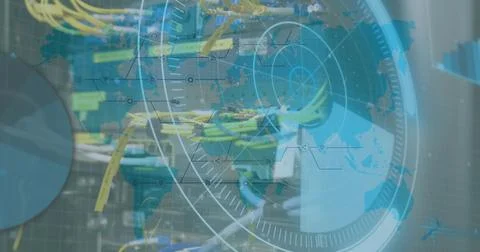 Image of scope scanning and world map over server room Stock Photos