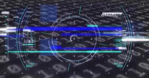 Image of scope scanning, binary code and data processing on black background Illustrazione stock