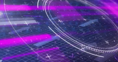 Image of scope scanning, binary coding and blue arrows on grid background 스톡 일러스트