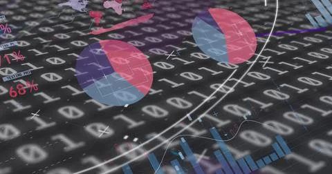 Image of scope scanning, binary coding and statistics recording on black Foto stock