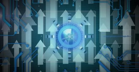 Image of scope scanning, circuit board elements with white arrows on blue 스톡 일러스트