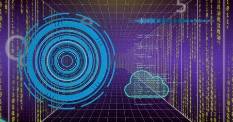 Image of scope scanning, cloud and data processing over purple background Illustrazione stock