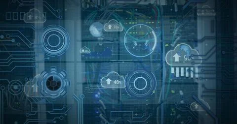 Image of scope scanning clouds, and data processing over cables in computer Foto stock