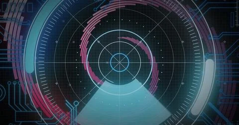 Image of scope scanning with computer circuit board over spinning lines on black Stock-Fotos