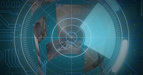 Image of scope scanning, computer circuit board and data processing on screens Stock Photos