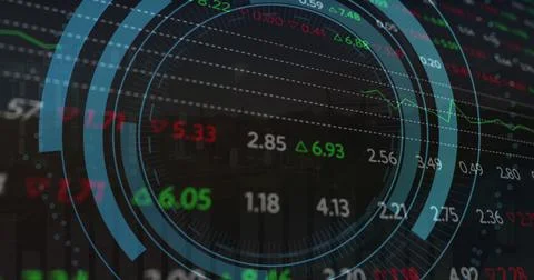 Image of scope scanning with computer icon over stock market on black background Stock Illustration