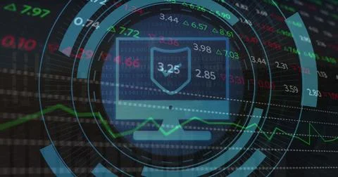 Image of scope scanning with computer icon over stock market on black background Ilustração Stock