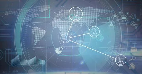 Image of scope scanning with connections over world map on blue background Stock Illustration