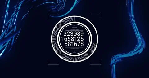 Image of scope scanning with data processing over light trails on black 스톡 일러스트