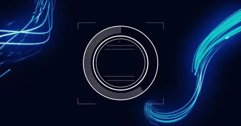 Image of scope scanning with data processing over light trails on black 스톡 일러스트