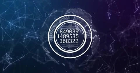 Image of scope scanning with data processing over globe and connections on black 스톡 일러스트