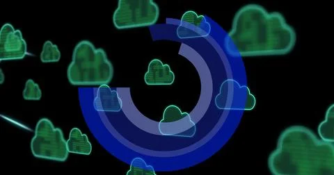 Image of scope scanning, data processing and clouds over dark background イラスト素材