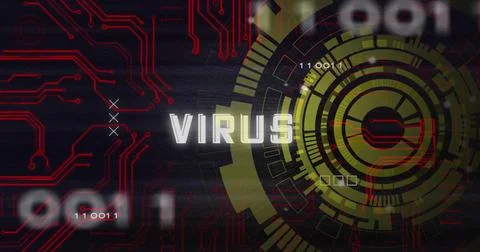 Image of scope scanning, data processing over virus text on black background 스톡 일러스트