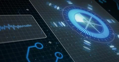 Image of scope scanning with data processing over colourful light spots on black Stockillustratie