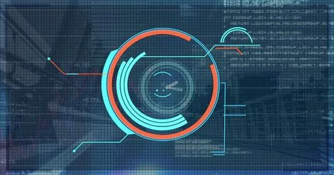 Image of scope scanning with data processing over cityscape Illustrazione stock