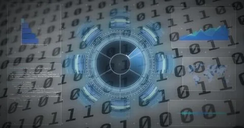 Image of scope scanning, data processing and binary coding numbers changing Stock Illustration