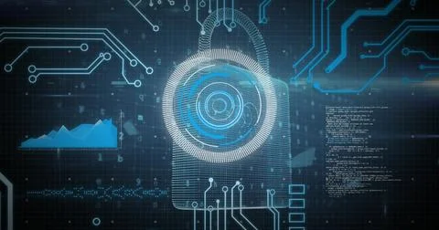 Image of scope scanning, data processing and online digital padlock with circuit Stock Illustration