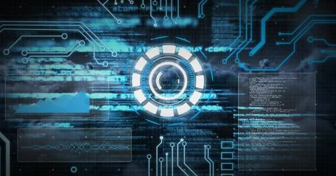 Image of scope scanning, data processing and numbers changing over clouds in Illustrazione stock