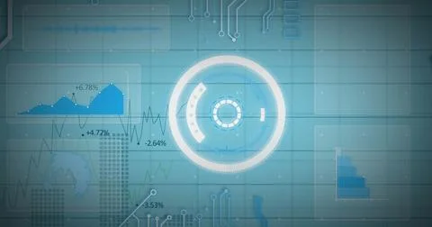Image of scope scanning, data processing and numbers changing on blue background 스톡 일러스트