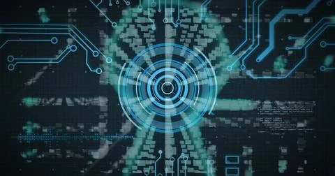 Image of scope scanning, data processing and online security padlock with Illustrazione stock