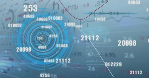 Image of scope scanning, data processing and numbers changing on blue background 스톡 일러스트