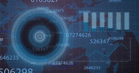 Image of scope scanning, data processing and numbers changing on world map in イラスト素材