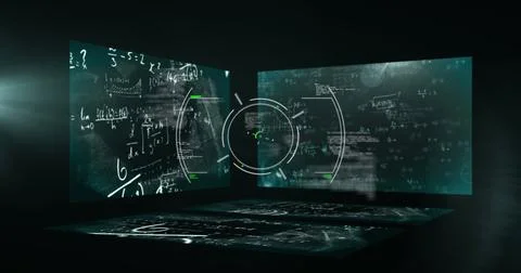 Image of scope scanning, data processing and mathematical equations over black Stock Illustration