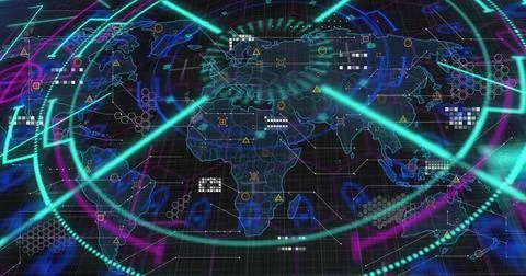 Image of scope scanning, data processing and markers over world map イラスト素材