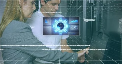 Image of scope scanning, data processing over caucasian it man and woman fixing Stock Photos