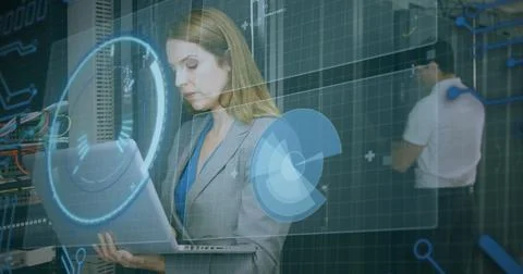 Image of scope scanning, data processing over caucasian it man and woman fixing Stock Photos