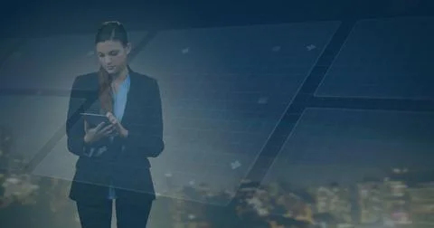 Image of scope scanning with data processing over caucasian businesswoman a.. 写真素材