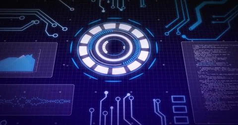 Image of scope scanning with data processing over computer circuit board on Foto stock