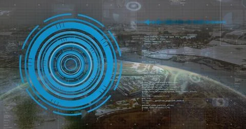 Image of scope scanning with data processing over landscape Stock Photos