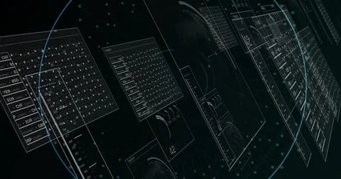 Image of scope scanning with data processing over dark background Stock Photos