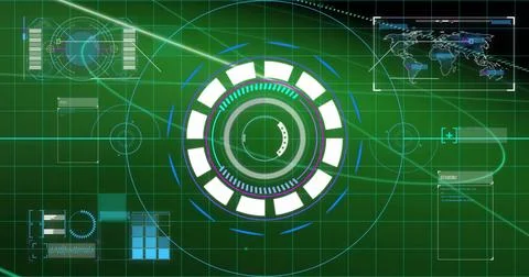 Image of scope scanning with data processing on black background Foto stock