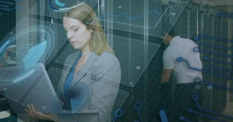 Image of scope scanning, data processing over caucasian it man and woman fixing Foto stock