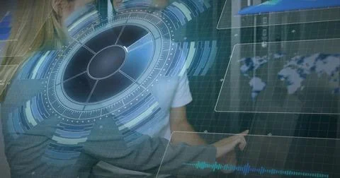 Image of scope scanning, data processing over caucasian it man and woman fixing Stock Photos