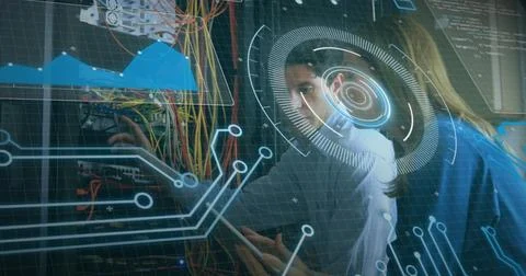 Image of scope scanning, data processing over caucasian it man and woman fixing Stock Photos