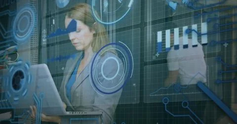 Image of scope scanning, data processing over caucasian it man and woman fixing Stock Photos