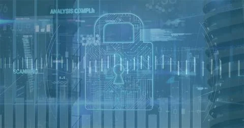 Image of scope scanning with data processing and padlock icon over cityscape 写真素材