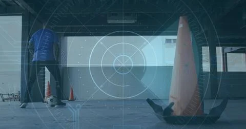 Image of scope scanning with data processing over african american man playing 库存照片