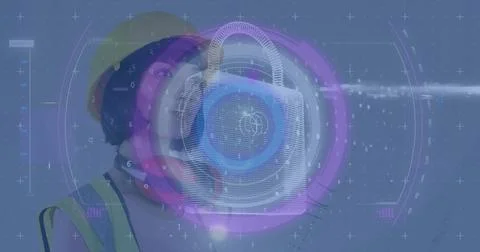 Image of scope scanning with data processing and padlock icon over caucasian Stock Photos