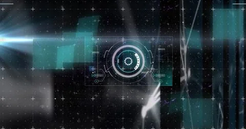 Image of scope scanning, data processing and markers over screen and grid Stock Photos