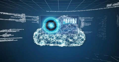 Image of scope scanning, digital cloud and data processing over screens Stock Photos