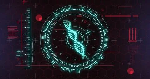 Image of scope scanning with dna strand over diagrams and data processing Stockillustratie