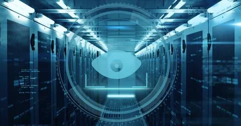 Image of scope scanning with eye icon and data processing over server room Stock Photos