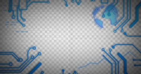Image of scope scanning with globe, data processing and blue computer circuit Stock Illustration