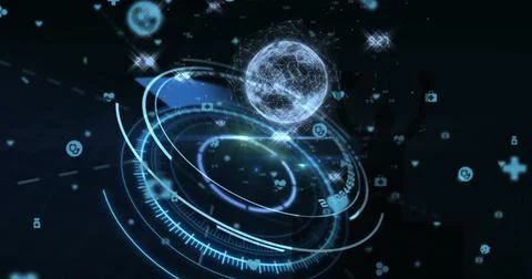 Image of scope scanning, globe over network of connections in background Stock Illustration