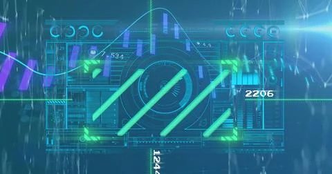 Image of scope scanning with graphical infographic interface and moving graph 스톡 사진